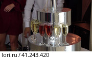 Buffet. Glasses of champagne at a festive buffet. The bartender pours champagne at the wedding in beautiful glass glasses. High quality 4k footage. Стоковое видео, видеограф Egor Sarantstv / Фотобанк Лори