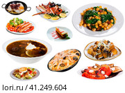 View of many plates with different food over white background. Стоковое фото, фотограф Яков Филимонов / Фотобанк Лори