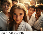 A group of teenage wrestlers in a kimono. Стоковое AI-изображение, AI-художник Кирилл Черезов / Фотобанк Лори