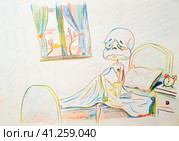 The hero woke up broken, battered, sleep-deprived. Early rise with the dawn. Стоковая иллюстрация, иллюстратор Леонид Еремейчук / Фотобанк Лори