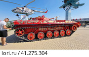 BMP-1 infantry fighting vehicle, painted in traditional Russian folk style, on the territory of the military-patriotic exhibition of military equipment Kamensk-Shakhstinsk, Patriot Park (2023) Редакционное фото, фотограф Анна Кривицкая / Фотобанк Лори