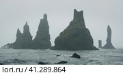 The black sand beach of Reynisfjara with waves hitting the shore on foggy rainy stormy day Vik, Icel. Стоковое фото, фотограф Igor Tichonow / Фотобанк Лори
