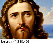 Jesus Christ, Jesus of Nazareth, a first-century Jewish preacher religious leader. The central figure of Christianity, the world largest religion. Incarnation of God the Son and the awaited messiah. Стоковое AI-изображение, AI-художник Юлия Петровская / Фотобанк Лори