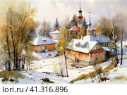 Beautiful village landscape with church at the beginning of winter, watercolor style, Generative AI. Стоковое AI-изображение, AI-художник Анна Кривицкая / Фотобанк Лори