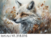 White fox among the grass in autumn, watercolor style, Generative AI. Стоковое AI-изображение, AI-художник Анна Кривицкая / Фотобанк Лори