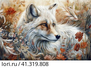 White fox among the grass in autumn, watercolor style, Generative AI. Стоковое AI-изображение, AI-художник Анна Кривицкая / Фотобанк Лори