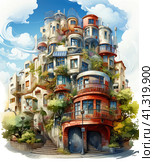 Spanish country design model. Barcelona historical view, flat cartoon style illustration. Travel and exhibition in Europe, European vacation collection. Стоковое AI-изображение, AI-художник Ирина Михайличенко / Фотобанк Лори