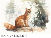 Somali Cat in the forest  watercolor style, Generative AI. Стоковое AI-изображение, AI-художник Анна Кривицкая / Фотобанк Лори
