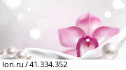Banner with Orchid and White Satin Fabric. Стоковая иллюстрация, иллюстратор Vicgmyr / Фотобанк Лори