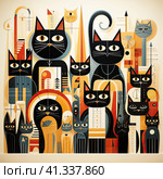 Fantastic background with figures and dark cats. Generated by AI. Стоковое AI-изображение, AI-художник Ярославский Максим / Фотобанк Лори