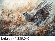 Bird in a field among autumn grass, watercolor style, Generative AI. Стоковое AI-изображение, AI-художник Анна Кривицкая / Фотобанк Лори