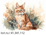 Somali Cat in the forest  watercolor style, Generative AI. Стоковое AI-изображение, AI-художник Анна Кривицкая / Фотобанк Лори