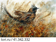 Bird in a field among autumn grass, watercolor style, Generative AI. Стоковое AI-изображение, AI-художник Анна Кривицкая / Фотобанк Лори