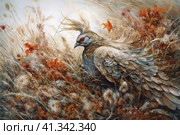 Bird in a field among autumn grass, watercolor style, Generative AI. Стоковое AI-изображение, AI-художник Анна Кривицкая / Фотобанк Лори