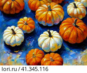 Decorative ornamental orange pumpkins. A jack-o'-lantern or jack o'lantern. Halloween or Hallowe'en, Allhalloween, All Hallows' Eve, or All Saints' Eve. Bright vegetable background - still life. Стоковое AI-изображение, AI-художник Юлия Петровская / Фотобанк Лори