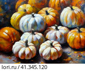 Decorative ornamental orange pumpkins. A jack-o'-lantern or jack o'lantern. Halloween or Hallowe'en, Allhalloween, All Hallows' Eve, or All Saints' Eve. Bright vegetable background - still life. Стоковое AI-изображение, AI-художник Юлия Петровская / Фотобанк Лори