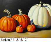 Decorative ornamental orange pumpkins. A jack-o'-lantern or jack o'lantern. Halloween or Hallowe'en, Allhalloween, All Hallows' Eve, or All Saints' Eve. Bright vegetable background - still life. Стоковое AI-изображение, AI-художник Юлия Петровская / Фотобанк Лори