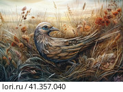 Bird in a field among autumn grass, watercolor style, Generative AI. Стоковое AI-изображение, AI-художник Анна Кривицкая / Фотобанк Лори