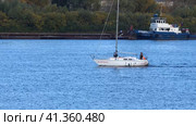 Nizhny Novgorod, Russia, Oka river, 11.10.2021. River mudflow on the Oka. A sailing yacht, tugboats and a barge are sailing along the river on a sunny day in autumn. Парусная яхта, буксиры и баржа плывут по реке солнечным осенним днем. Редакционное видео, видеограф Egor Sarantstv / Фотобанк Лори