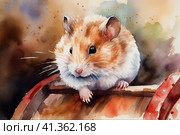 Hamster in a wooden barrel watercolor, illustration, watercolor style, Generative AI. Стоковое AI-изображение, AI-художник Анна Кривицкая / Фотобанк Лори