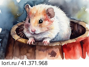 Hamster in a wooden barrel watercolor, illustration, watercolor style, Generative AI. Стоковое AI-изображение, AI-художник Анна Кривицкая / Фотобанк Лори