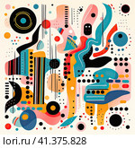 Abstract background of figures in the form of flowers, bubbles, stars and waves in a fashionable retro cartoon style of the 90s. Generated by AI. Стоковое AI-изображение, AI-художник Ярославский Максим / Фотобанк Лори