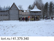 The festival is a historical reconstruction of the Viking Age in winter. Vikings attack with shields and helmets (2014 год). Редакционное фото, фотограф Анна Кривицкая / Фотобанк Лори