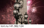 Celebratory colorful fireworks over the Lamp posts on Alexander III Bridge ( 4K, time lapse, with zoom). Paris, France. This arch bridge is one of the most beautiful river crossings in the world (2023 год). Стоковое видео, видеограф Владимир Журавлев / Фотобанк Лори