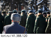 Военнослужащий в каракулевой фуражке с карабином с примкнутым штыком на фоне строя уходящих вдаль солдат. Стоковое фото, фотограф Олег Безруков / Фотобанк Лори