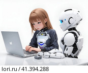 Робот помогает девочке с домашним заданием. Robot Assisting in the Office AI generated. Стоковое AI-изображение, AI-художник Алексей Траст / Фотобанк Лори