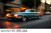 Muscle car rides around the city. Стоковое AI-изображение, AI-художник Кирилл Черезов / Фотобанк Лори