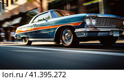 Muscle car rides around the city. Стоковое AI-изображение, AI-художник Кирилл Черезов / Фотобанк Лори
