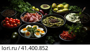 Breakfast with fried eggs and fried bacon. Healthy breakfast. Generated by AI. Стоковое AI-изображение, AI-художник Ярославский Максим / Фотобанк Лори