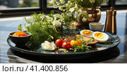 Breakfast with fried eggs and fried bacon. Healthy breakfast. Generated by AI. Стоковое AI-изображение, AI-художник Ярославский Максим / Фотобанк Лори