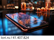 Futuristic smartphone of the future with augmented reality, microchips, microprocessors, integrated circuits, technology science background, AI Generated. Стоковое AI-изображение, AI-художник Станислав Тарко / Фотобанк Лори