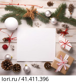 Christmas background made of white paper with a place for your text. Flat layout, top view, generated by AI. Стоковое AI-изображение, AI-художник Мария Шадрина / Фотобанк Лори