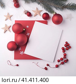 Christmas background made of white paper with a place for your text. Flat layout, top view, generated by AI. Стоковое AI-изображение, AI-художник Мария Шадрина / Фотобанк Лори