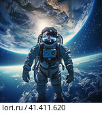 Cosmonaut in outer space. April 12 - Cosmonautics Day. Стоковое AI-изображение, AI-художник Сергей Елизарьев / Фотобанк Лори