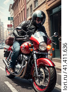Motorcyclist on the city streets. Стоковое AI-изображение, AI-художник Сергей Елизарьев / Фотобанк Лори