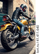 Motorcyclist on the city streets. Стоковое AI-изображение, AI-художник Сергей Елизарьев / Фотобанк Лори