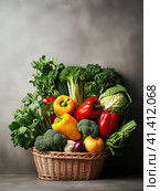 A variety of fresh vegetables in an eco-friendly wicker basket. Generated by AI. Стоковое AI-изображение, AI-художник Ярославский Максим / Фотобанк Лори