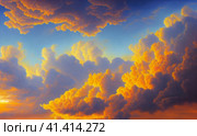 Beautiful sunset sky above clouds with dramatic light. Yellow, orange, red clouds above the horizon. Beautiful evening sky landscape. Sunset over the sea. Generated by artificial intelligence. Стоковое AI-изображение, AI-художник Юлия Петровская / Фотобанк Лори