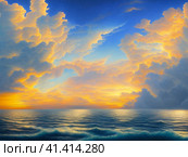Beautiful sunset sky above clouds with dramatic light. Yellow, orange, red clouds above the horizon. Beautiful evening sky landscape. Sunset over the sea. Generated by artificial intelligence. Стоковое AI-изображение, AI-художник Юлия Петровская / Фотобанк Лори