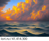 Beautiful sunset sky above clouds with dramatic light. Yellow, orange, red clouds above the horizon. Beautiful evening sky landscape. Sunset over the sea. Generated by artificial intelligence. Стоковое AI-изображение, AI-художник Юлия Петровская / Фотобанк Лори