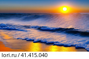Beautiful sunset sky above clouds with dramatic light. Yellow, orange, red clouds above the horizon. Beautiful evening sky landscape. Sunset over the sea. Generated by artificial intelligence. Стоковое AI-изображение, AI-художник Юлия Петровская / Фотобанк Лори