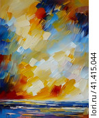 Beautiful sunset sky above clouds with dramatic light. Yellow, orange, red clouds above the horizon. Beautiful evening sky landscape. Sunset over the sea. Generated by artificial intelligence. Стоковое AI-изображение, AI-художник Юлия Петровская / Фотобанк Лори