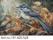 Wagtail on a light background in the forest, illustration, watercolor style, Generative AI. Стоковое AI-изображение, AI-художник Анна Кривицкая / Фотобанк Лори