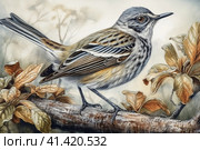 Wagtail on a light background in the forest, illustration, watercolor style, Generative AI. Стоковое AI-изображение, AI-художник Анна Кривицкая / Фотобанк Лори
