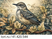 Wagtail on a light background in the forest, illustration, watercolor style, Generative AI. Стоковое AI-изображение, AI-художник Анна Кривицкая / Фотобанк Лори