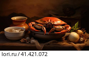 Seafood, crabs on a plate. Стоковое AI-изображение, AI-художник Кирилл Черезов / Фотобанк Лори